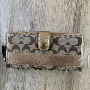 Coach Brown Signature Canvas Wallet with Gold Metallic Trim